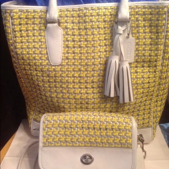 Coach Handbags - Coach Woven Legacy Tanner tote+crossbody Tassels